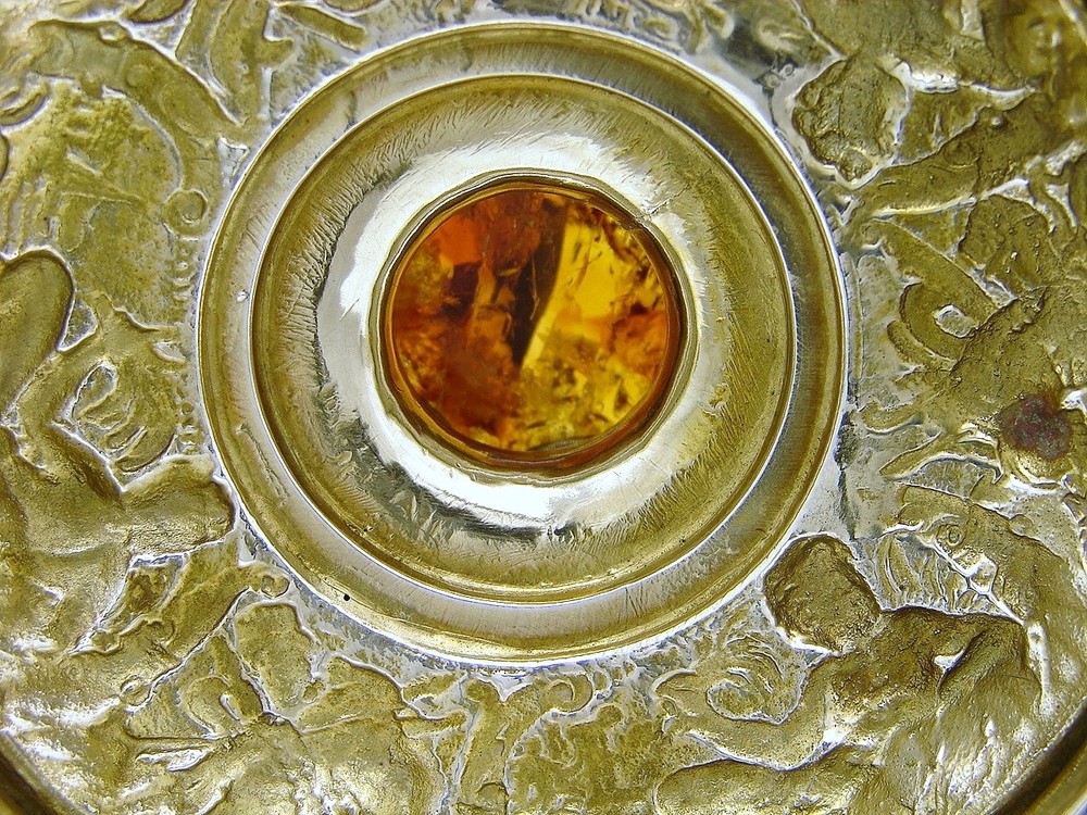 Carved Wood Box with German Solid Silver Top & Base w Fig Frog & Amber Finial