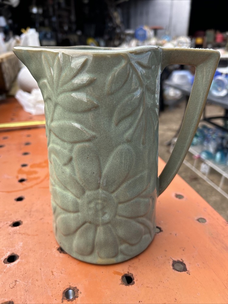 7.5” Home Interiors Green Ceramic Pitcher.