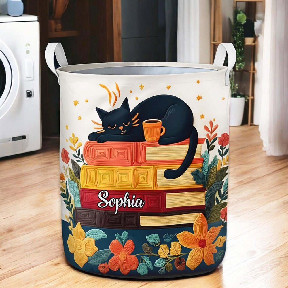 Personalized Cat Laundry Basket Book Lover Storage Hamper Custom Name Bedroom