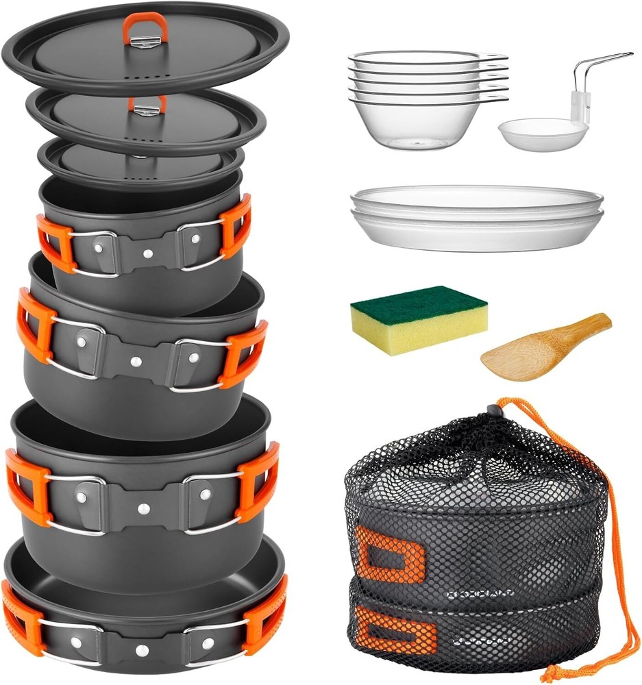 Compact 15pcs Camping Cookware with Folding Handles - Perfect for Hiking