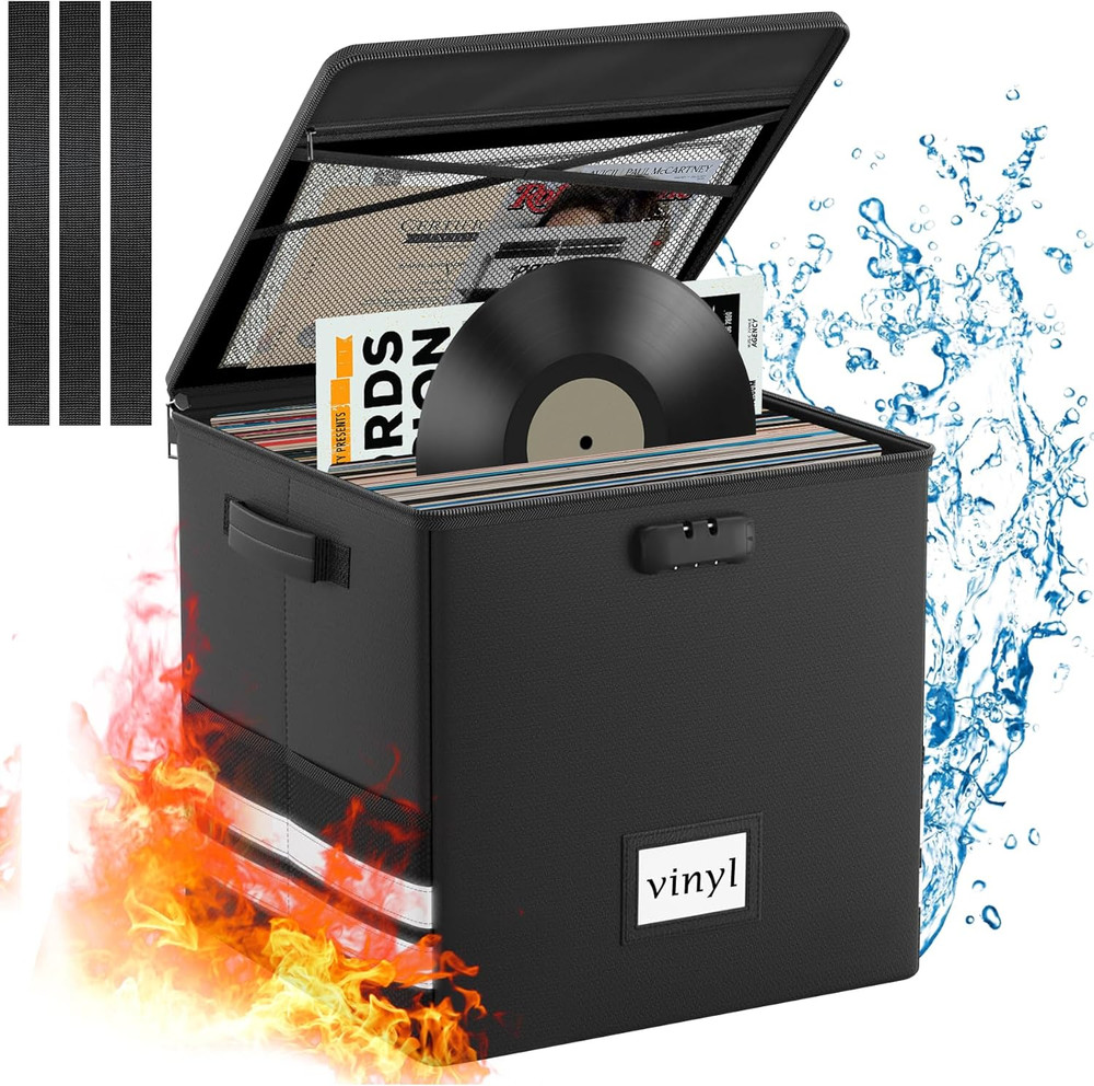 Vinyl Record Storage Box with Lock, Fireproof Waterproof Resistant Organizer