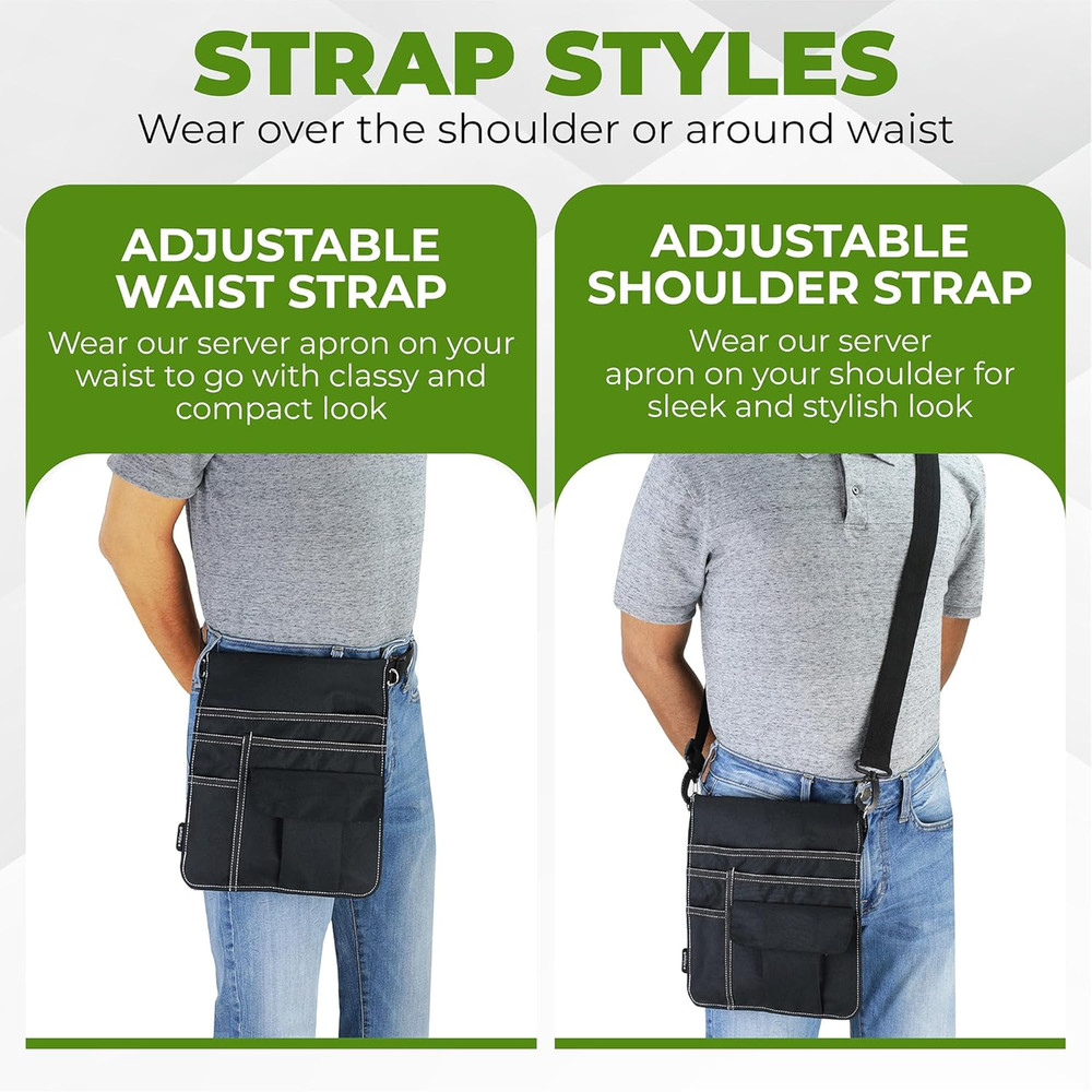 Waitress Apron with 5 Pockets - Black Server Apron with Adjustable/Removable Wai