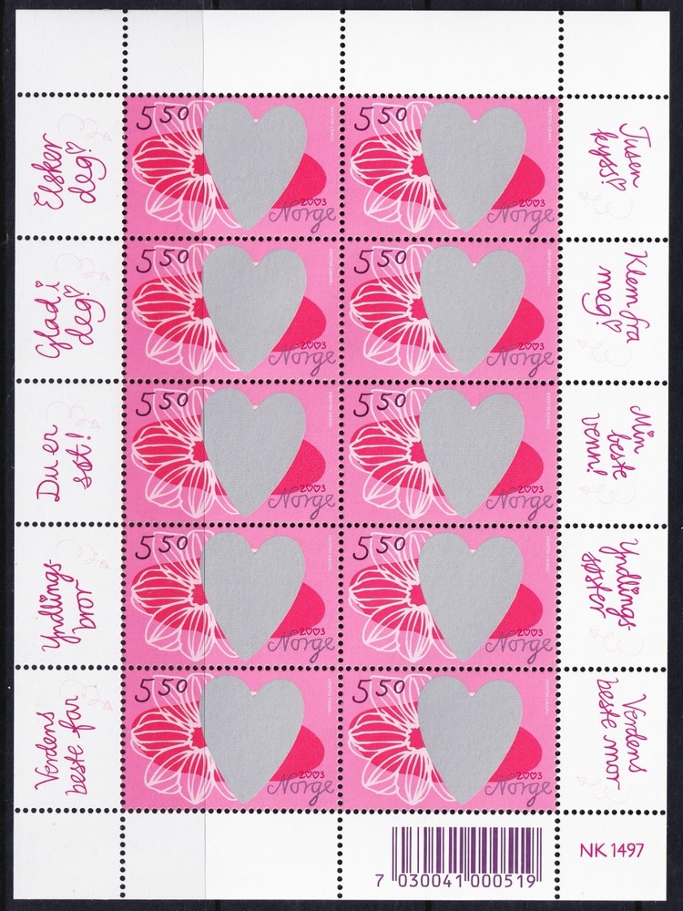 NORWAY .  2003 St. Valentine's Day Souvenir Sheet (1360) . Mint Never Hinged