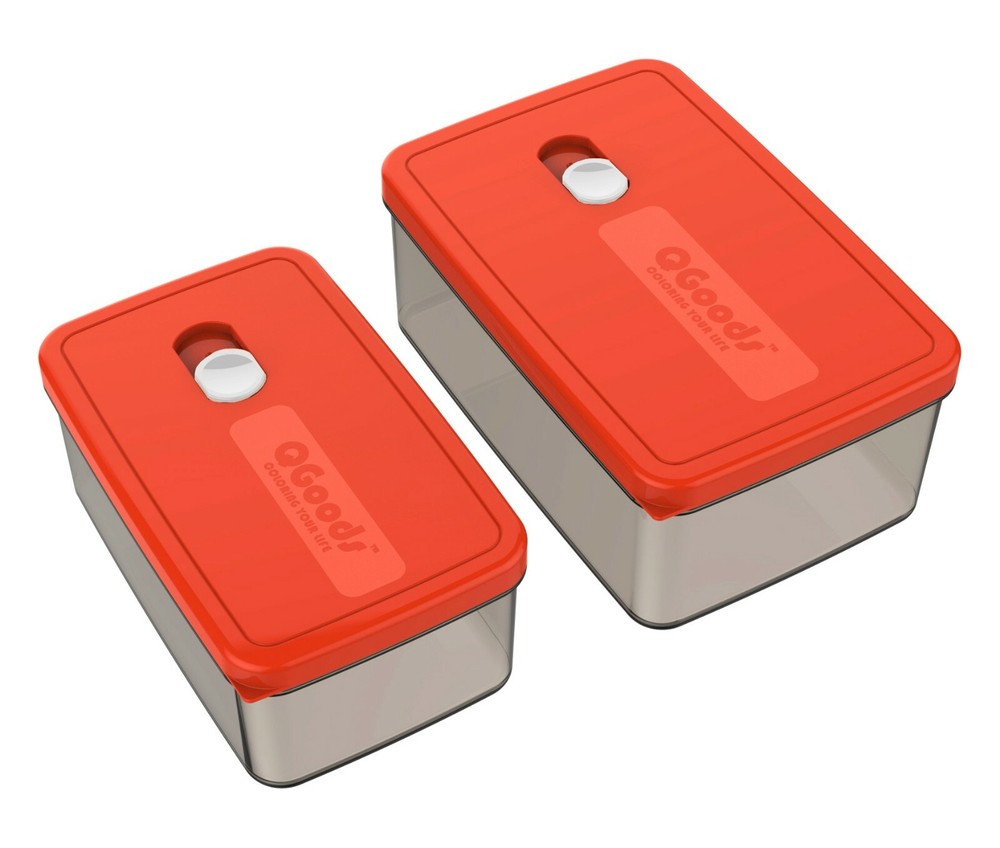 QG Set of 2 Rectangular Plastic Food Container with Lid 68 & 40 oz Red/ White
