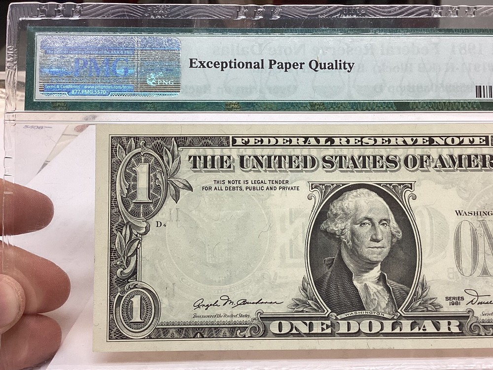 $1 1981 PMG 66 EPQ And 65 EPQ Consecutive Pair Overprint On Back Errors-2 Notes