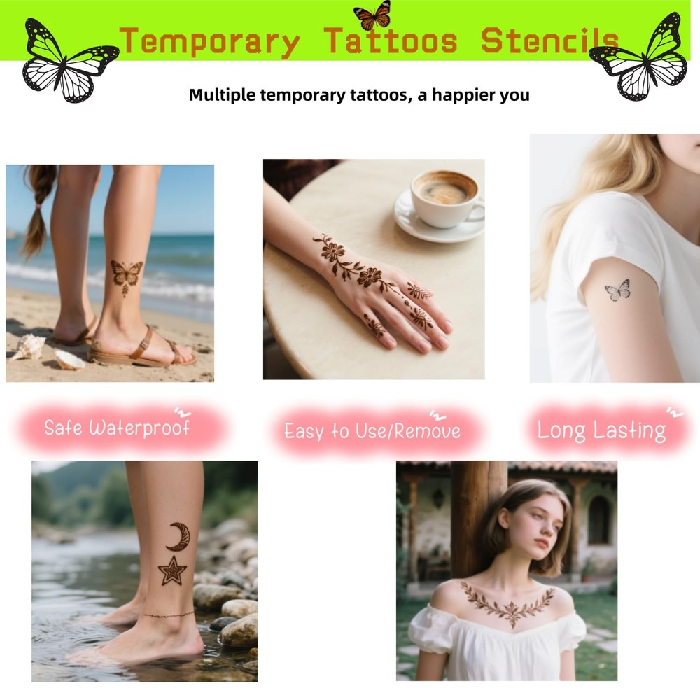 Temporary Tattoos Kit - Large 12 Sheets Tattoo Large, A-6Pcs