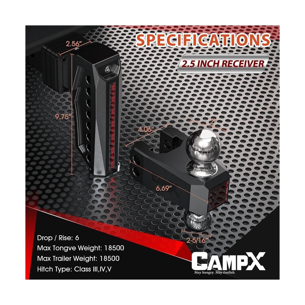 Adjustable Trailer Hitch Fits 2.5" Receiver, 6" Drop & Rise, Dual Solid Ball ...