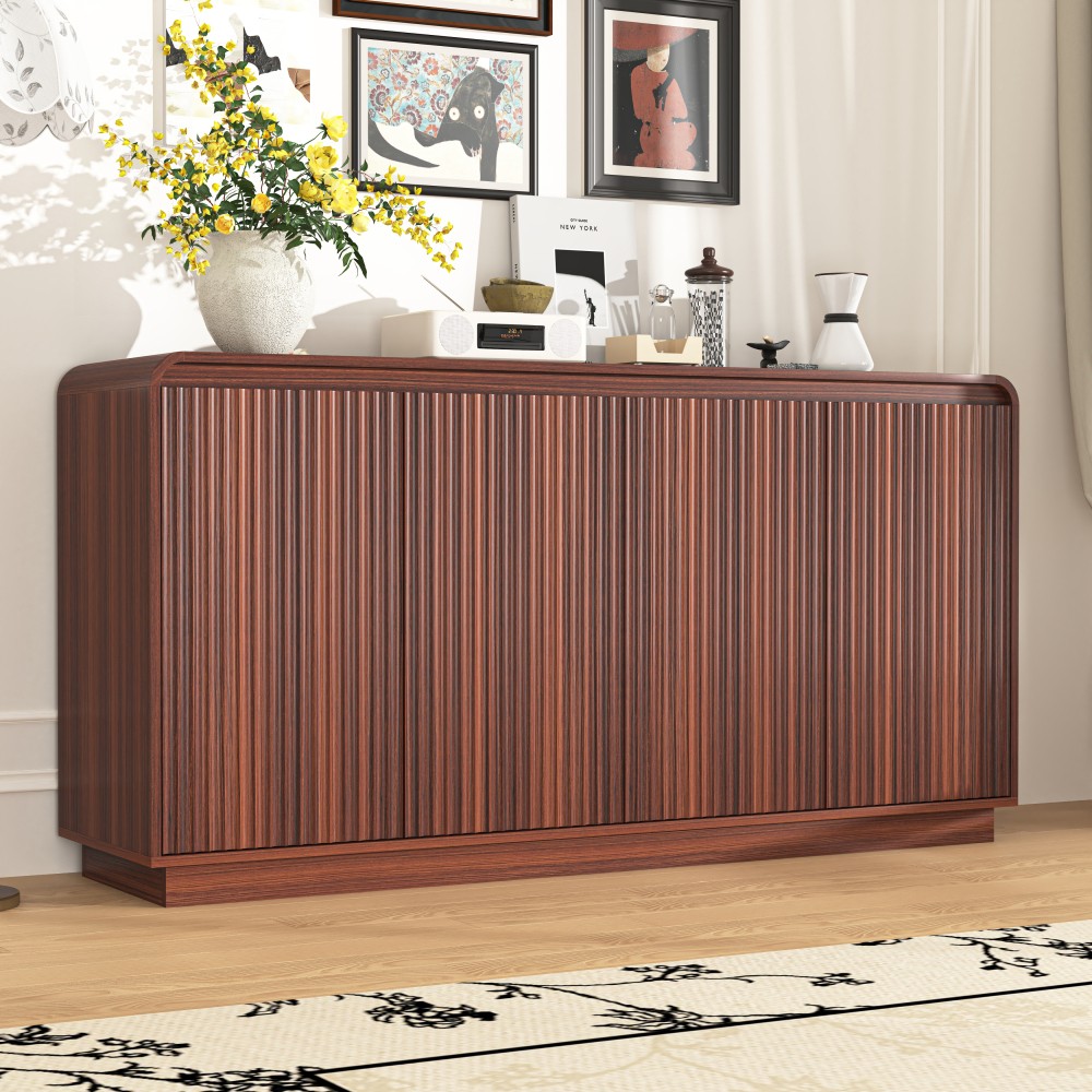 Walnut TV Stand with Power Outlet, Adjustable Storage, Fluted Handleless