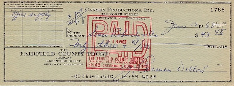 JEANNE CARMEN signed bank check