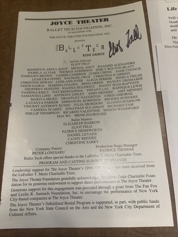 American Modern Ballet Choreographer Elliot Feld Autograph On Program