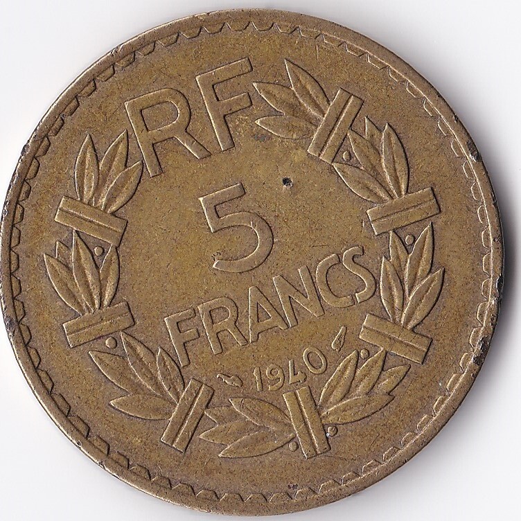 1940 Five Franc Coin - Aluminium Bronze