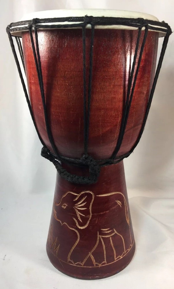 African Wooden DRUM, Standard Drumhead-11” High,Elephant Etchings