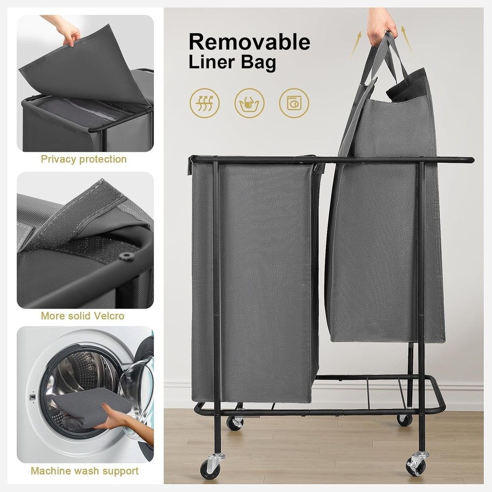 Double Laundry Hamper W/ Wheels,200L Rolling Laundry Basket 2 Section