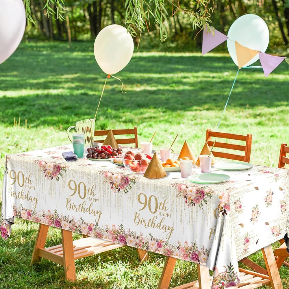3Pcs 90Th Birthday Tablecloth,Rose Gold 90Th Birthday Tablecloth Rectangular ...