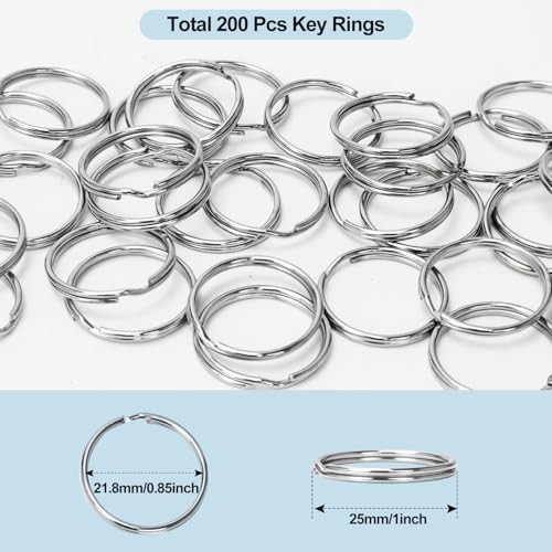 Metal Split Key Rings, 200 Pack, 1 Inch Diameter, Silver, for DIY Projects and