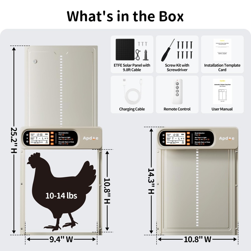 Automatic Chicken Coop Door Solar Powered with Timer, Light Sensor, Remote Contr