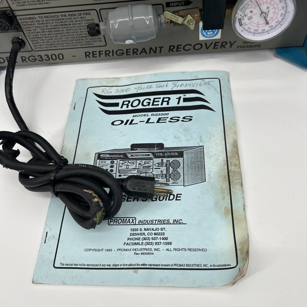 ProMax Roger 1 model RG3300 Recovery unit POWERS ON UNTESTED