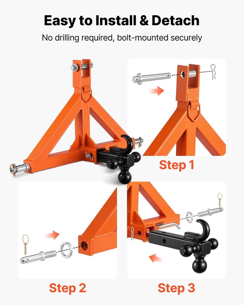 3 Point Trailer Hitch with 2" Receiver, 3 Pt Quick Hitch Attachment with 3
