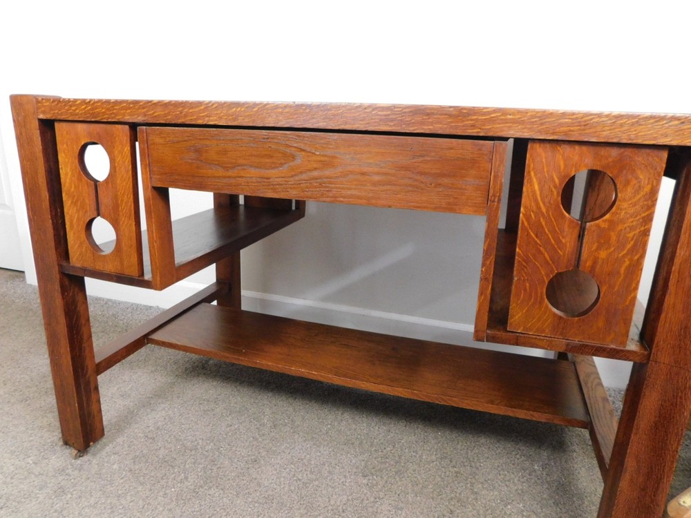 Antique 1920s Arts Crafts Mission Solid Oak Bookcase Desk Library Console Table