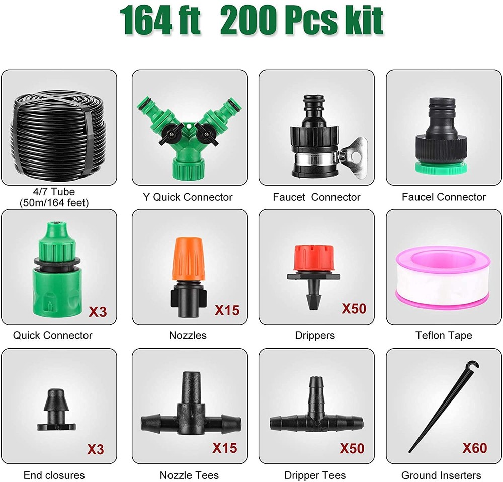 Garden Automatic Irrigation System 164FT 200 Pack Drip Irrigation Kit 1/4" Bl...