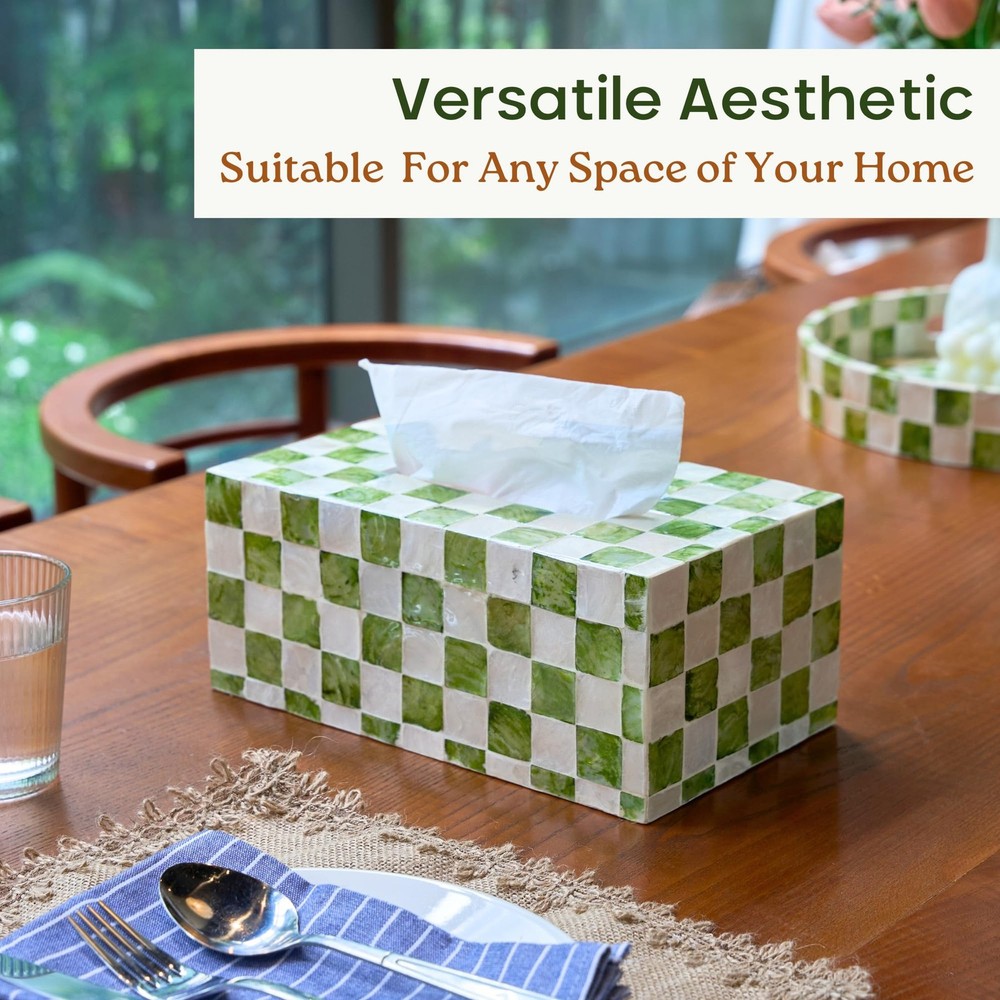 Rectangle Checkered Tissue Box Cover Handmade with Capiz Shells, Decorative T...