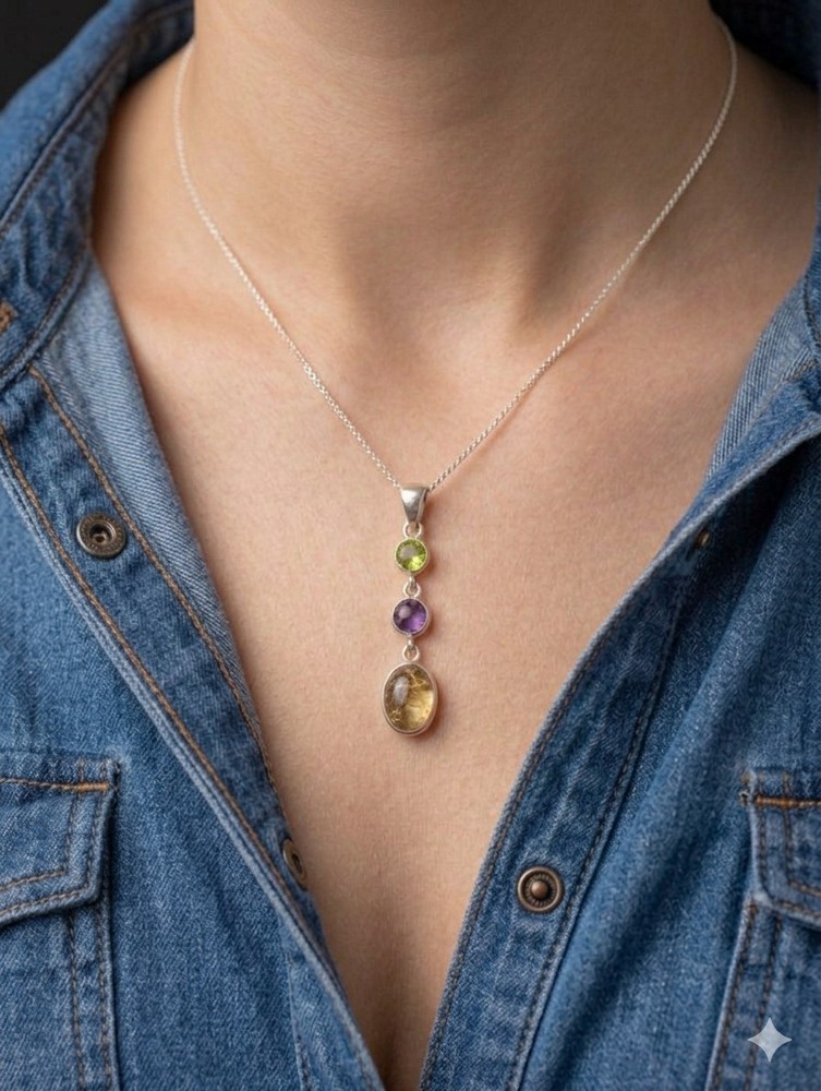 Handcrafted Citrine, Amethyst, Peridot Silver Artisan Pendant