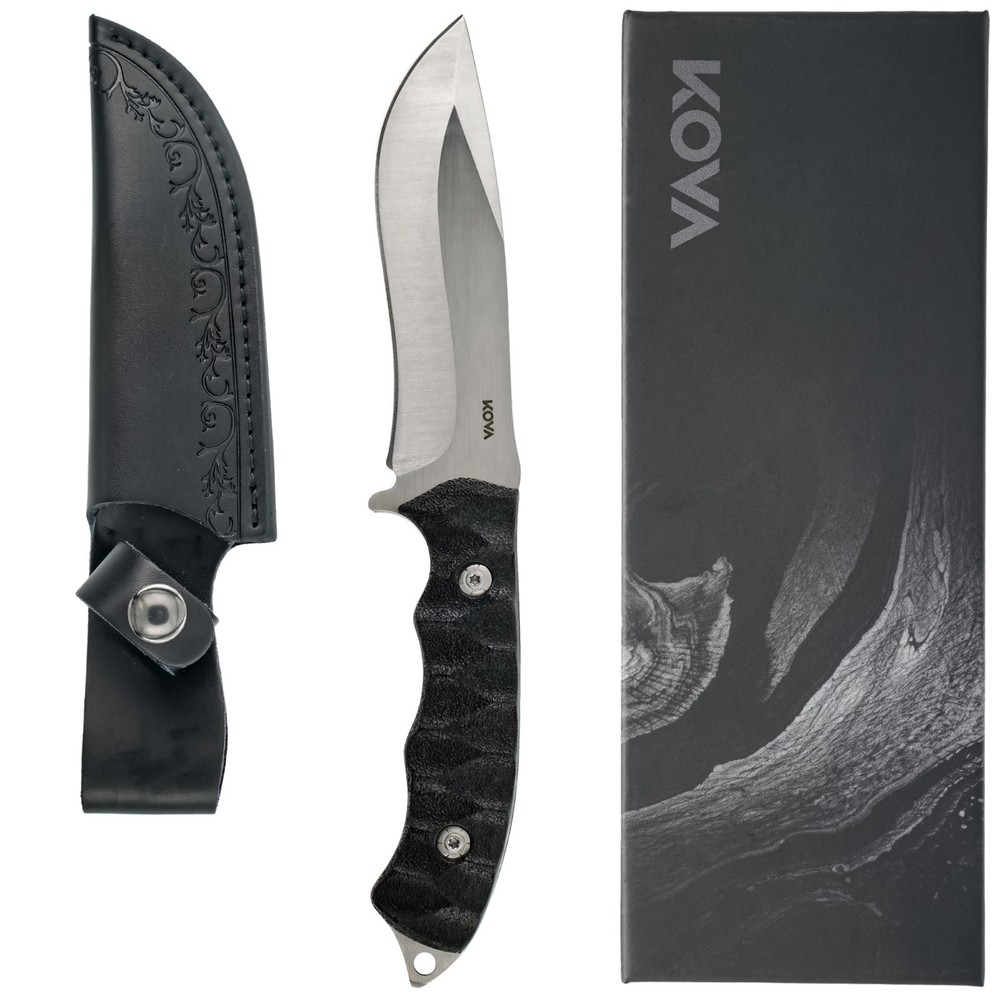 KOVA 9" Eclipse Fixed Blade Knife Clip-Point SS Blade, G10, Leather Sheath 5 oz