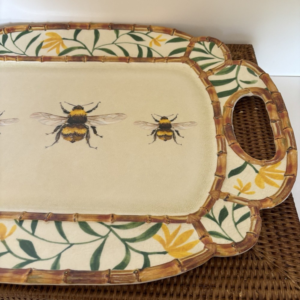Melamine Picnic Platter Tray Yellow Bee Pattern Bamboo Cheese Party Board