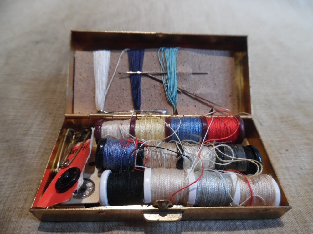 Old Mini Sewing Box Metal With Items
