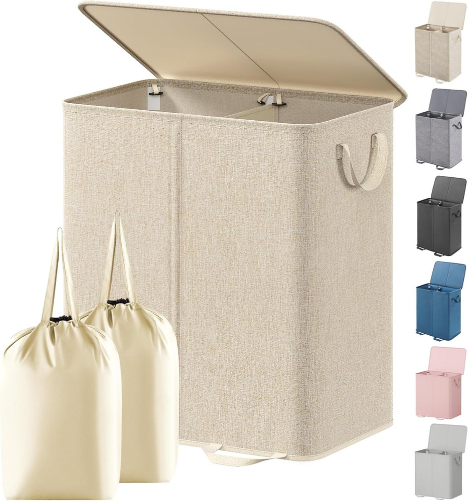 Double Laundry Hamper with Lid and Removable Laundry Bags, Large Collapsible 2 D