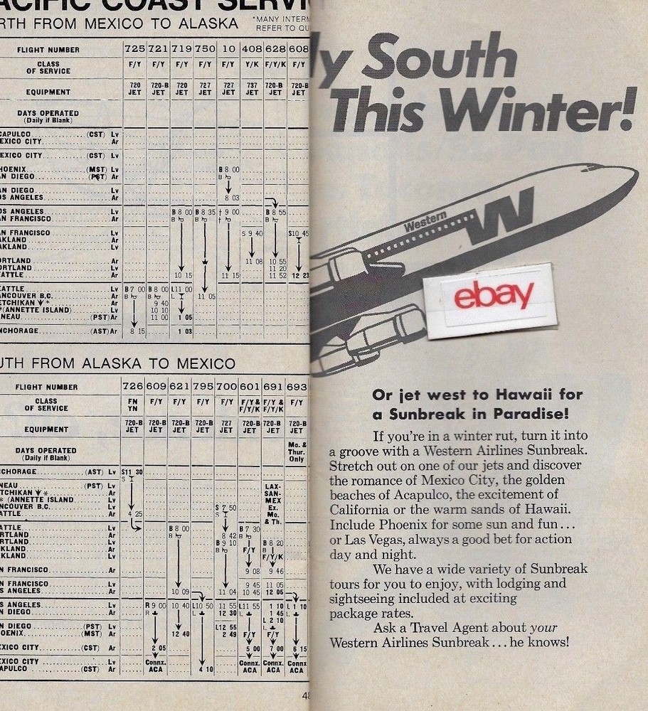 WESTERN AIRLINES 10-25-70 SYSTEM TIMETABLE ROUTE MAP B720B/707 JETS