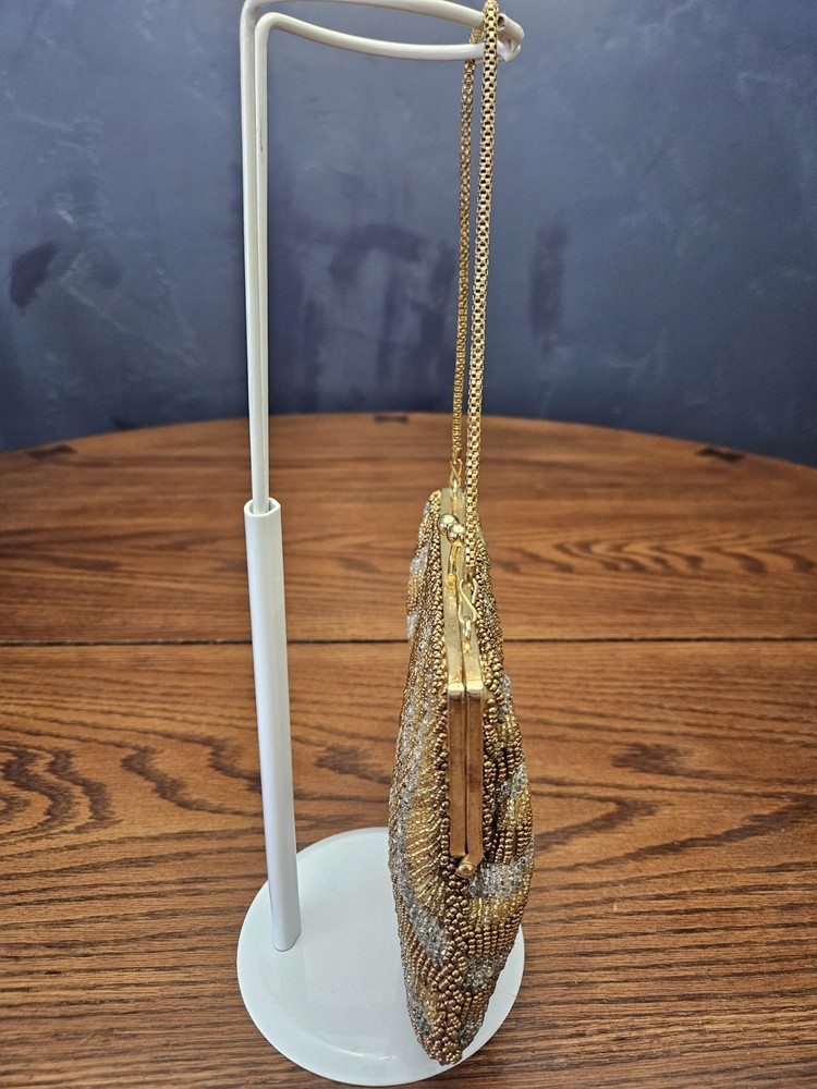 La Regale Beaded Evening Bag Abstract Pattern Gold/Silver/Copper W/ Chain Strap