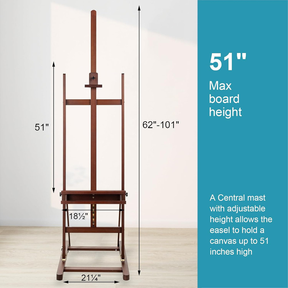 H-Frame Studio Easel, Beechwood Artist Easel Storage Tray, Adjustable Floor Ease