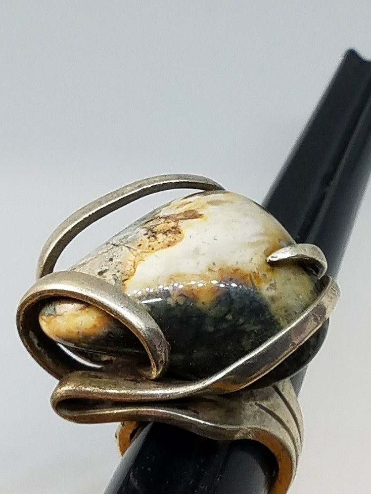 Vintage Fork Ring Large Stone Artisan Silver Tone Size 7