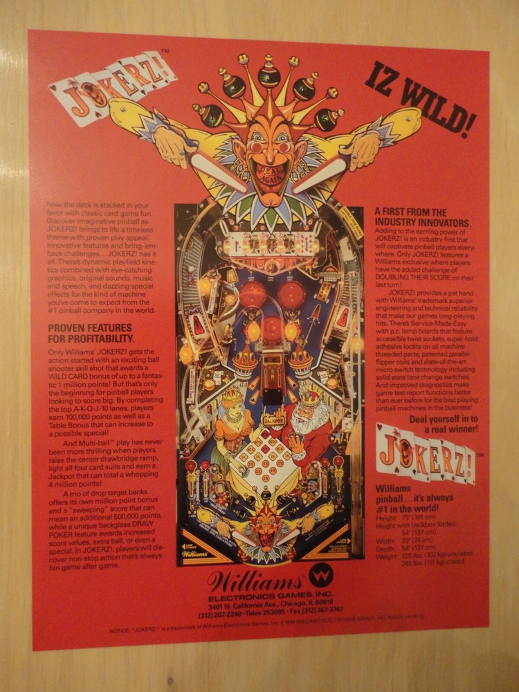 Jokerz Pinball Machine Flyer Original Williams Brochure