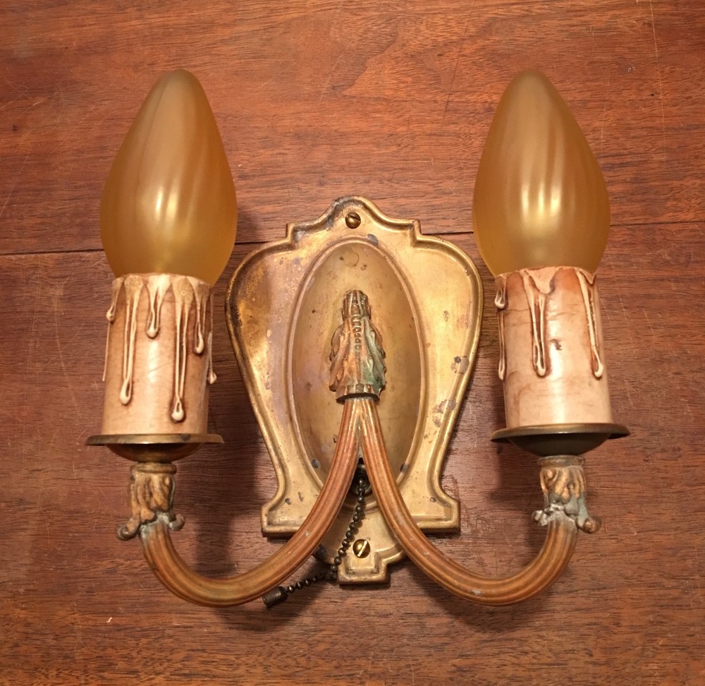 Antique Original Finish Brass Wall Sconce 3 Way Switch Two Arm Sconce 10D