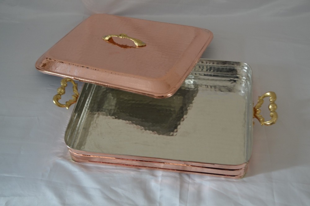 Copper Rectangular Hammered Serving Pot with Brass Handles and Lid Roaster Pan