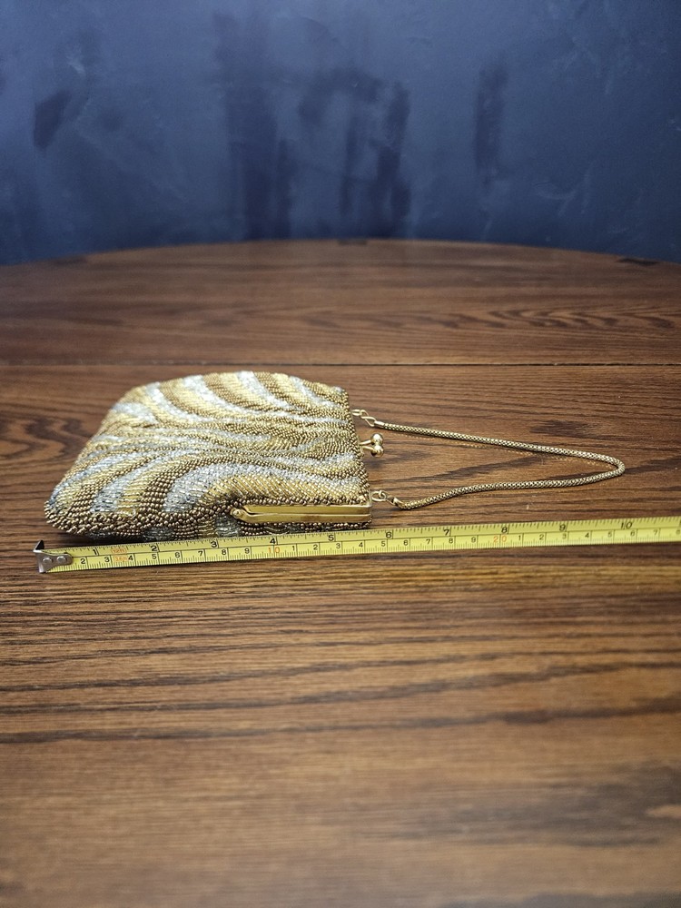 La Regale Beaded Evening Bag Abstract Pattern Gold/Silver/Copper W/ Chain Strap
