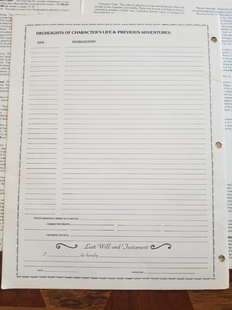 AD&D 1st Edition Permanent Character Folder - Sheet And Adventure Records TSR