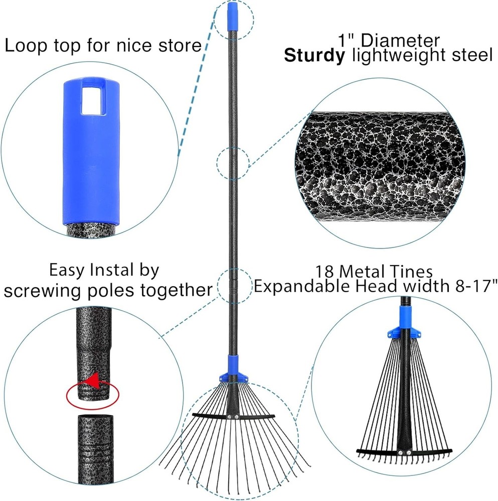 Adjustable Heavy Duty Leaf Rake with Long Handle - 8-17 Inch Expandable Head