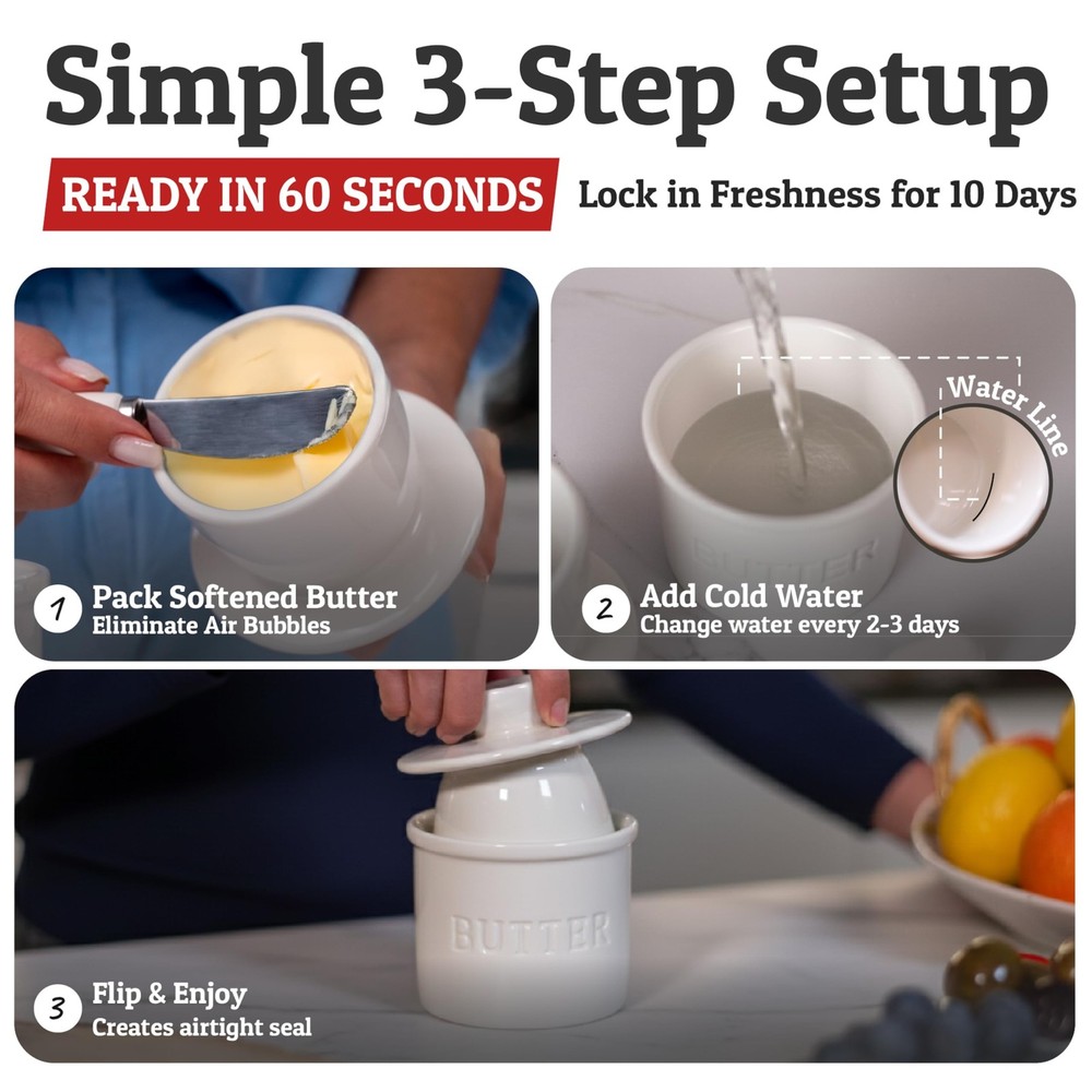 Priority Chef Ceramic Butter Crock with Lid Water Line