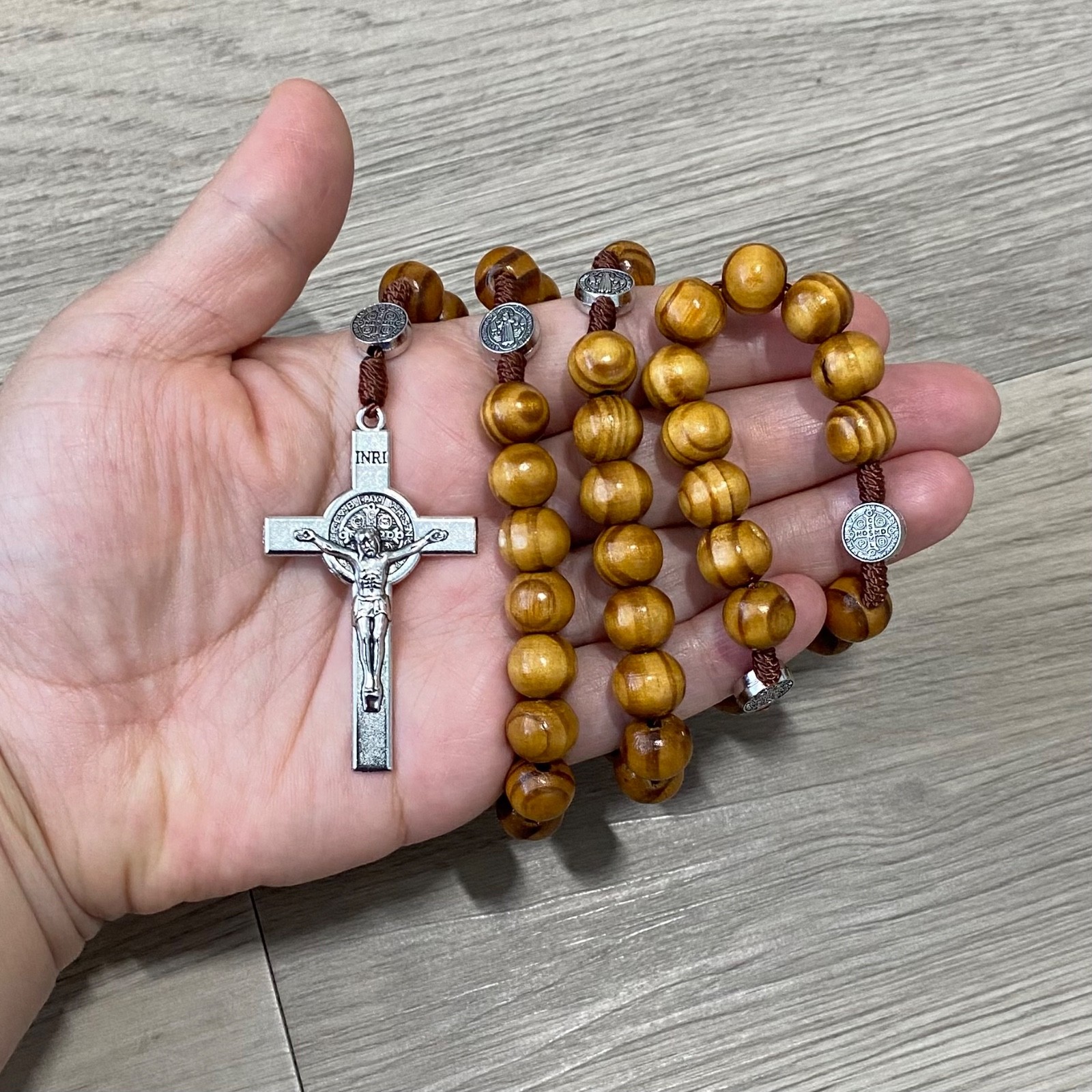 Saint St Benedict Wooden Rosary & Pouch Prayer Beads Crucifix Rosario San Benito