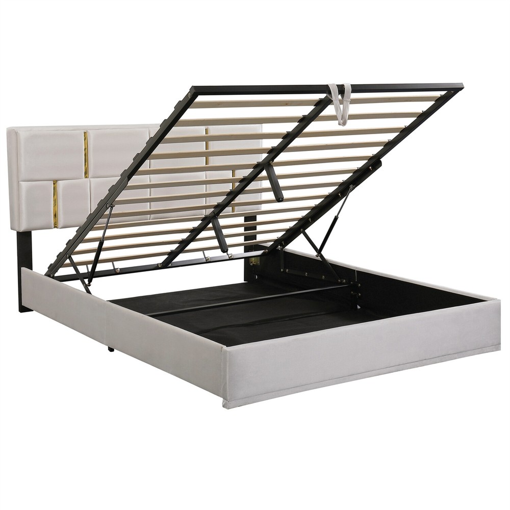 Queen Size Upholstered Platform Bed Frame with Hydraulic Storage System