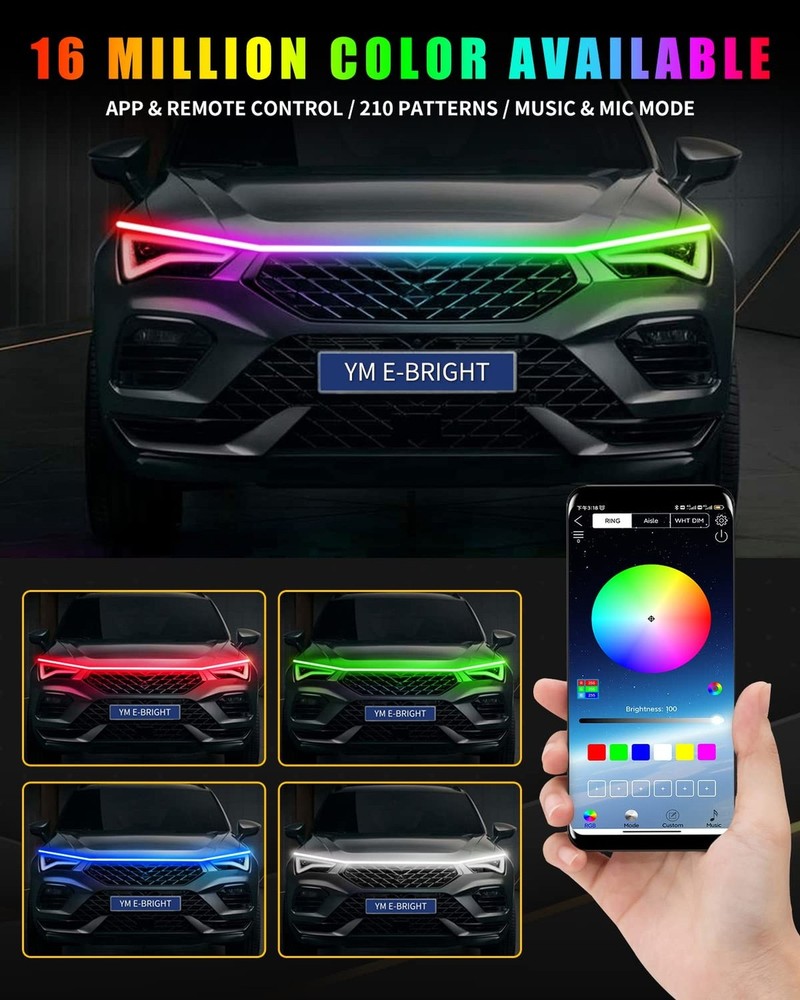 RGB Hood Light Strip with Sequential Turn Signal Indicator Function Waterproo...