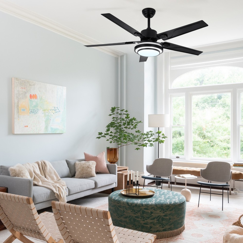 52-Inch Black Iron Ceiling Fan Light, 3-Color Dimming, Remote Control