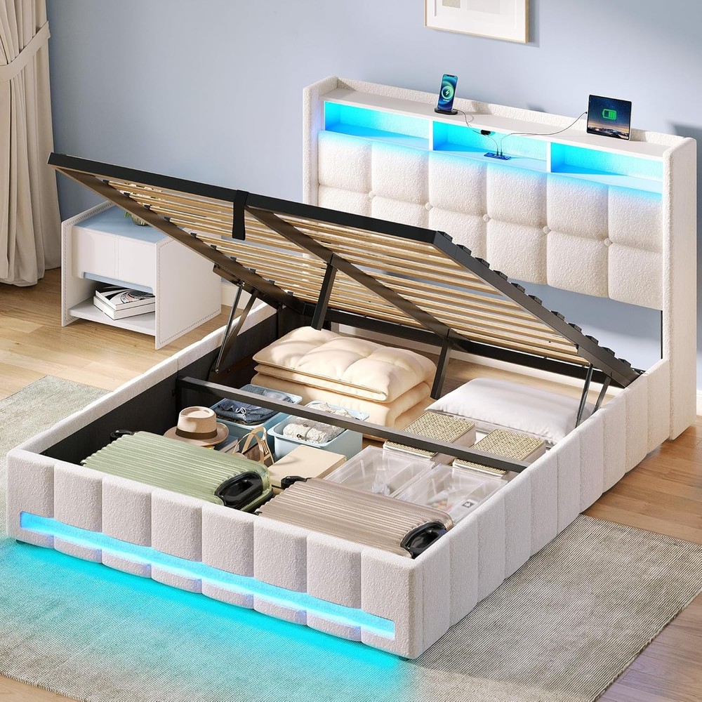 Full Bed Frame with Lift Up Storage Charging Station
