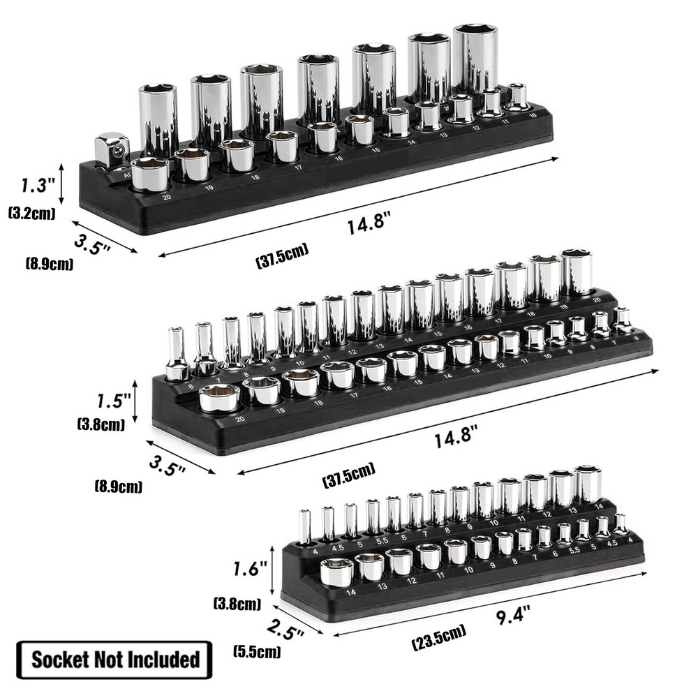Magnetic Socket Organizer Set 3Pcs Socket Holder Set 1/4"3/8"&1/2" Drive Metric