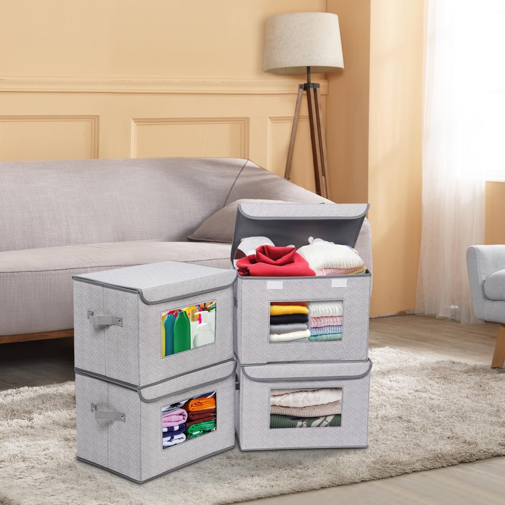 Fabric Foldable Storage Boxes [4-Pack] Large Collapsible Stackable Storage Bi...
