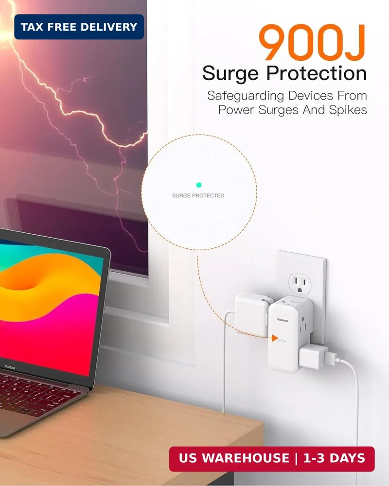 Surge Protector Outlet Extender- with Rotating Plug,6 AC Multi Plug White