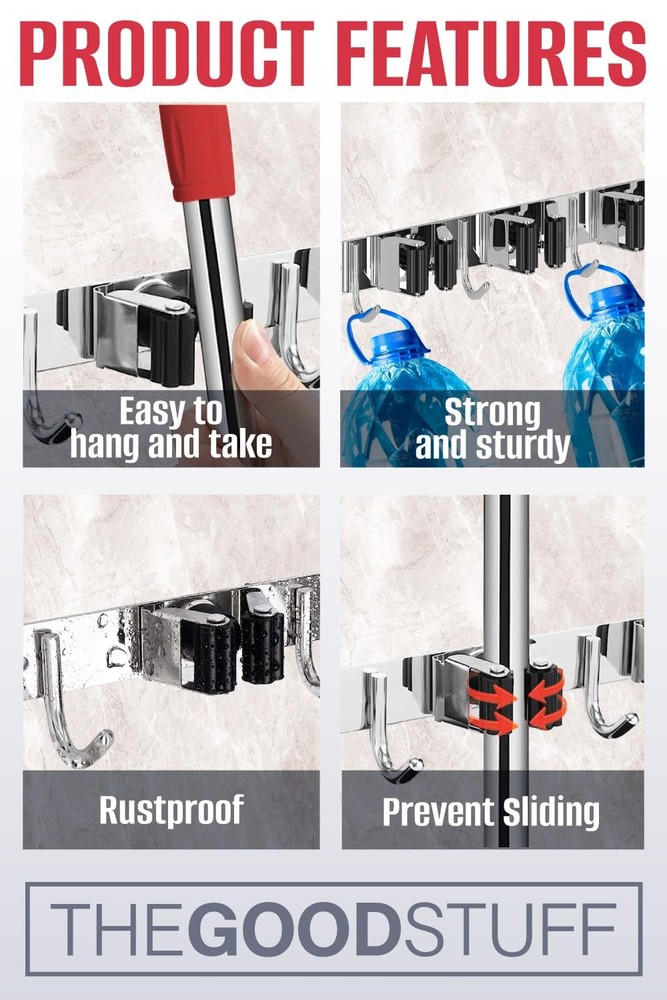 The Good Stuff Compact Mop and Broom Holder Wall Mount – Compact, Red
